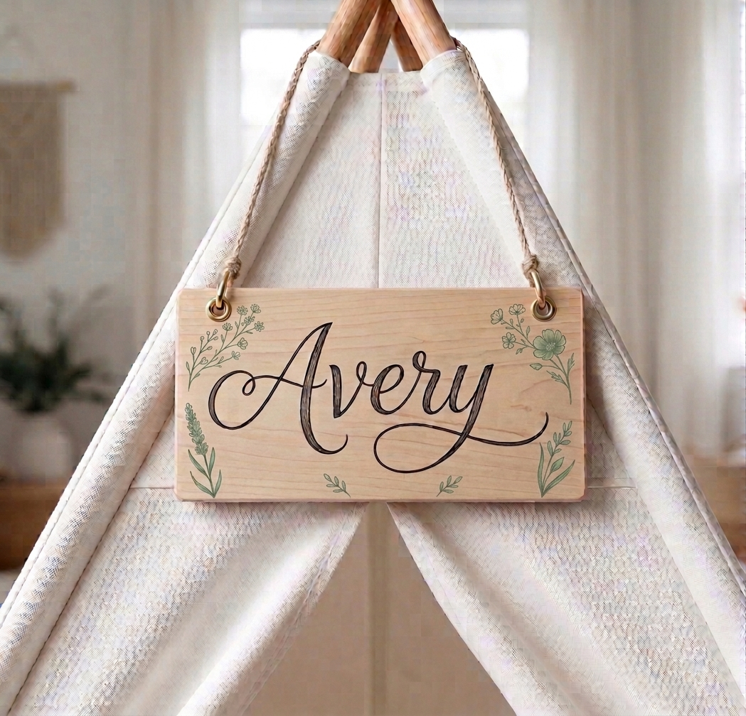 Wooden hand-painted name sign reading Avery hanging on a teepee