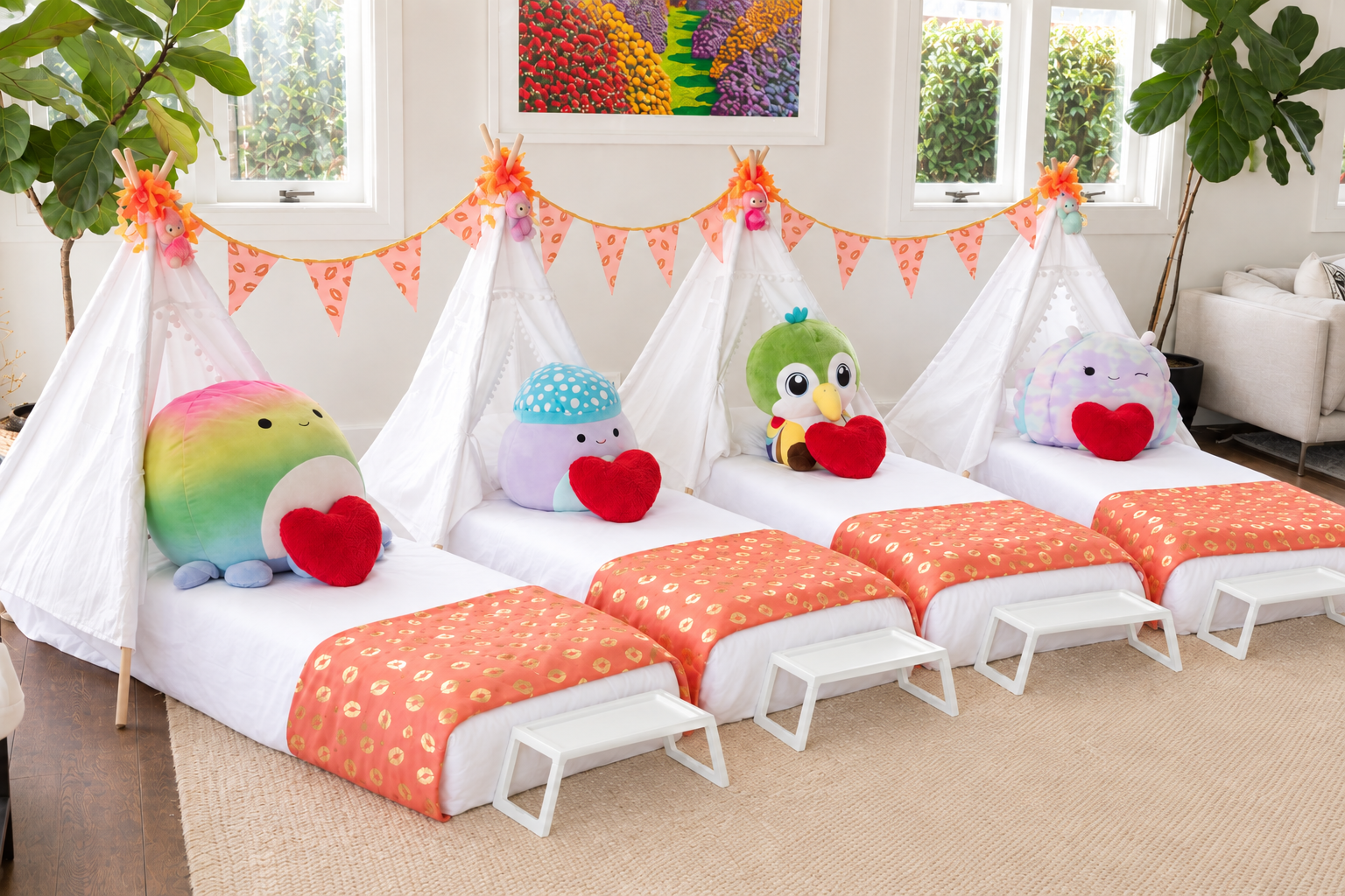 Hugs and Kisses teepee sleepover with large plush toys, red heart pillows and Labubu teepee clips