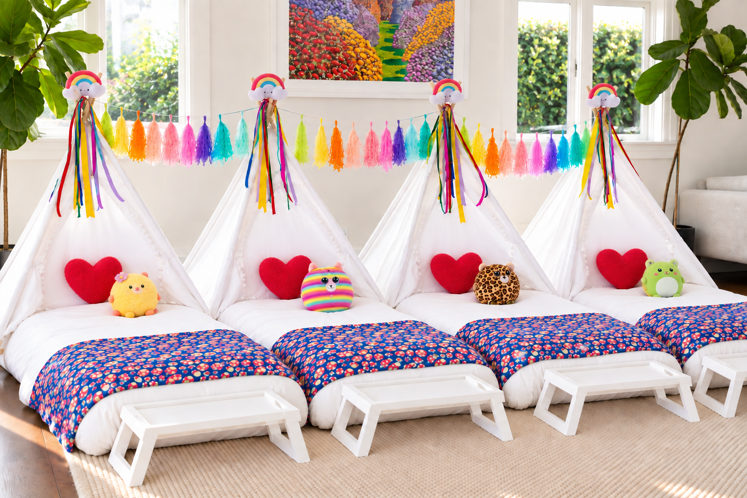 Rainbow teepee sleepover with rainbow balloons, colourful pillows and pink bunting