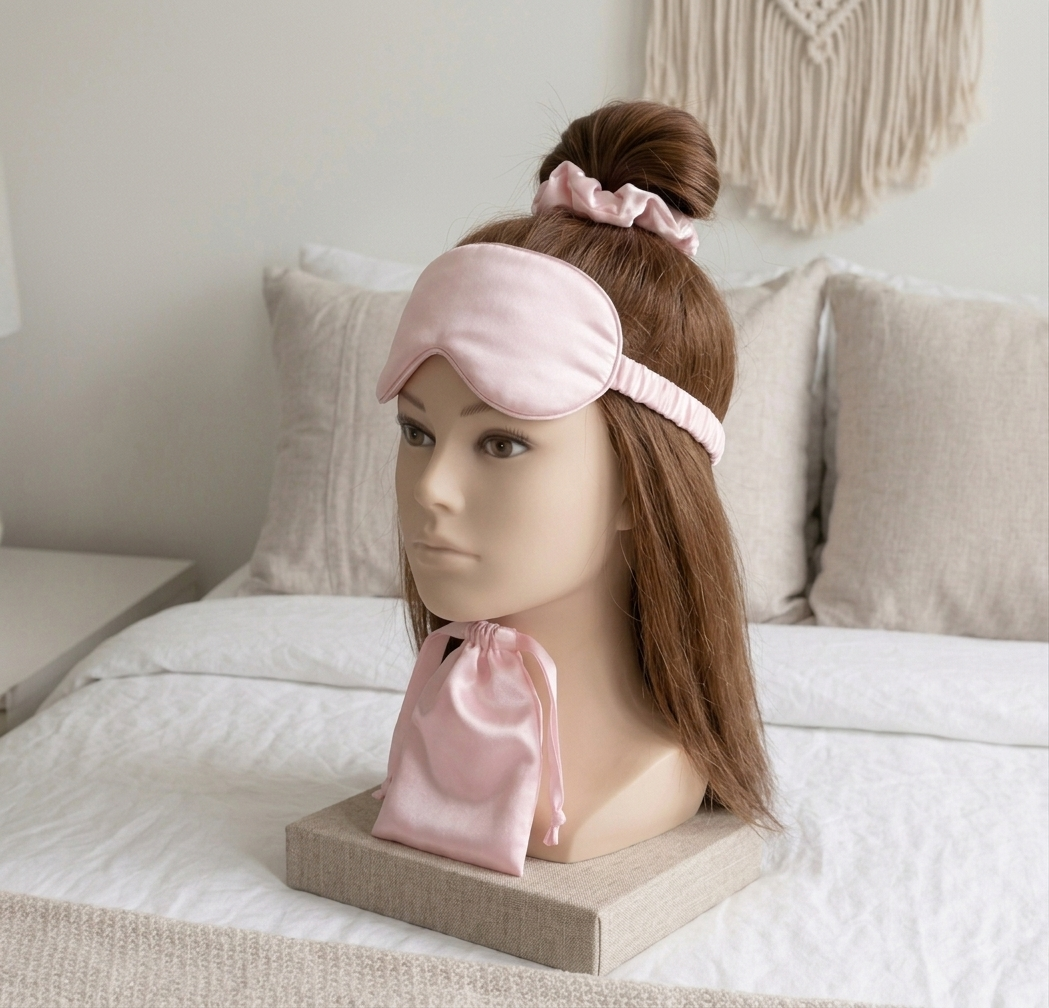 Blush pink eye mask and scrunchie worn