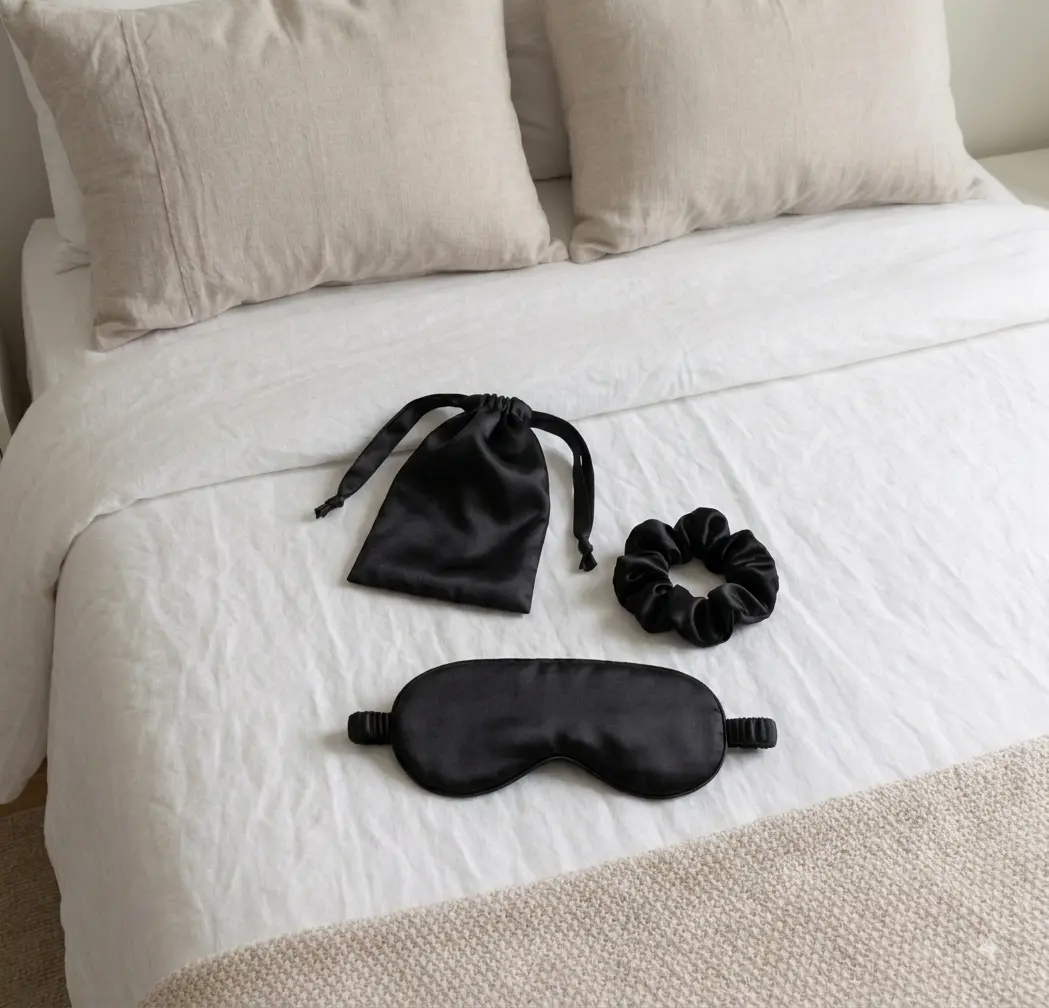 Black satin eye mask, scrunchie and pouch on a bed