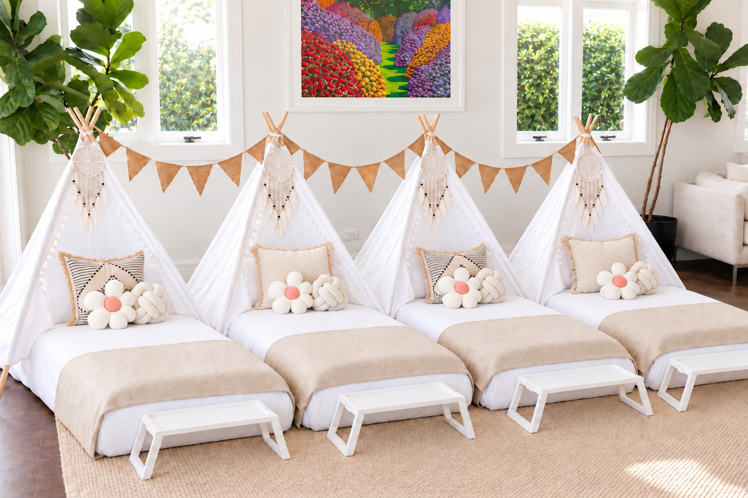 Dune teepee sleepover in neutral linen with dream catchers and greenery bunting