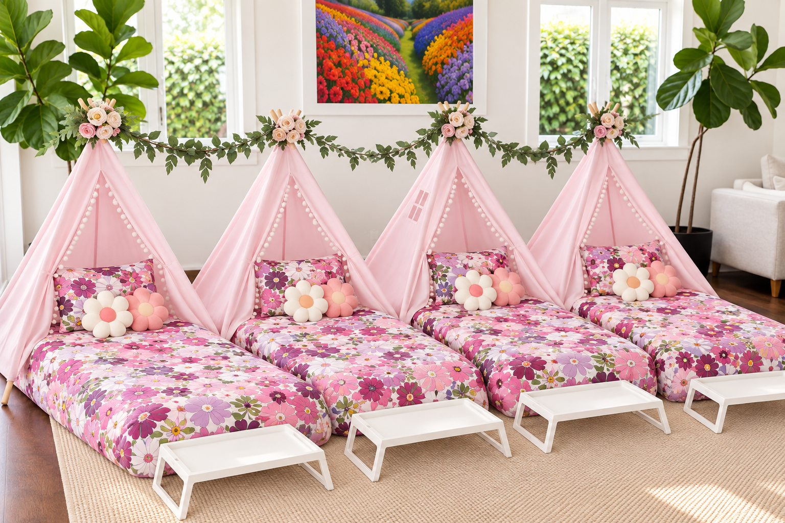 Blush teepee sleepover with pink floral duvets, flower pillows and garden bunting