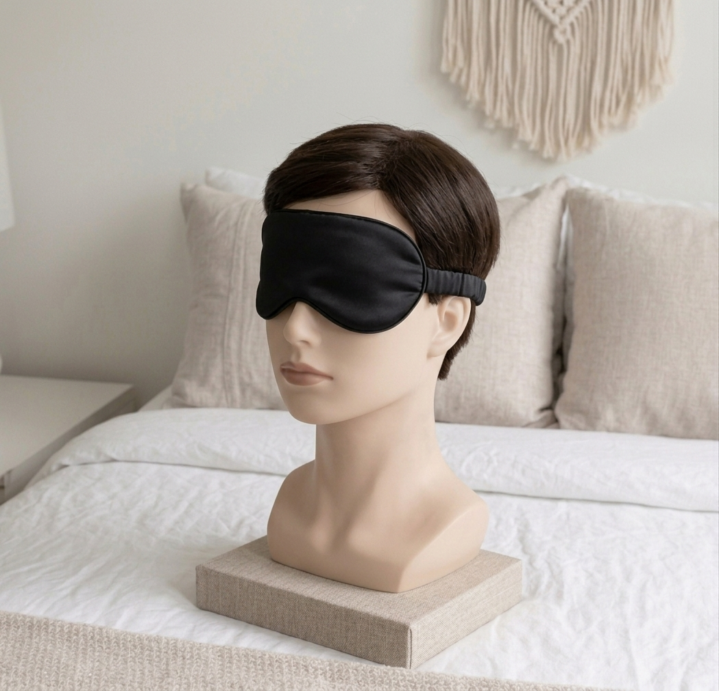 Black satin eye mask worn