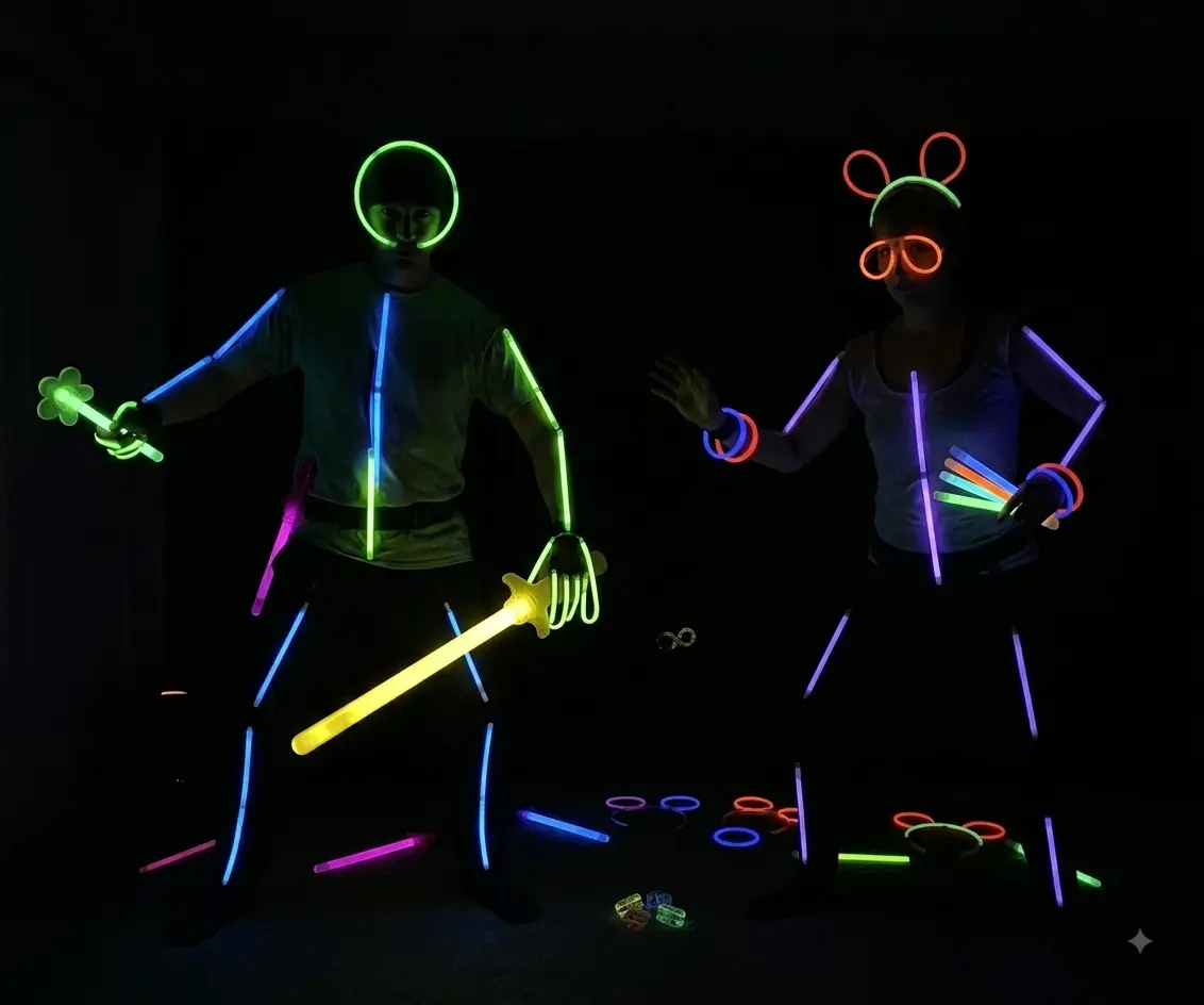 Children covered in colourful glow sticks and accessories