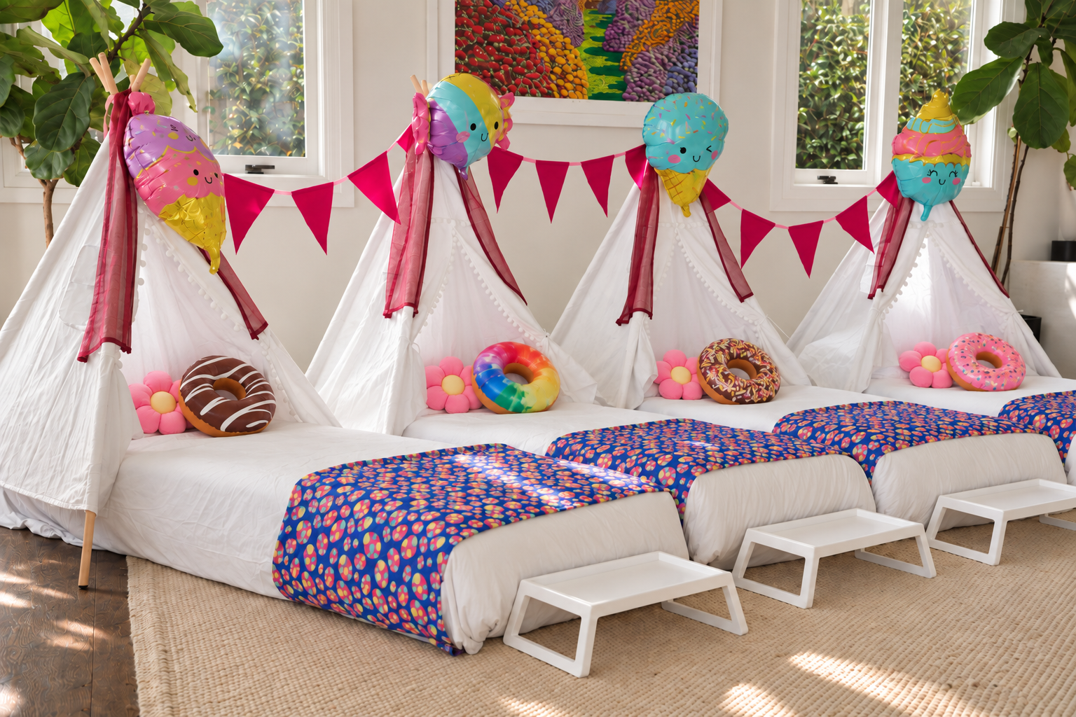 Sweet Treats teepee sleepover with donut pillows, sweet treat balloons and pink bunting