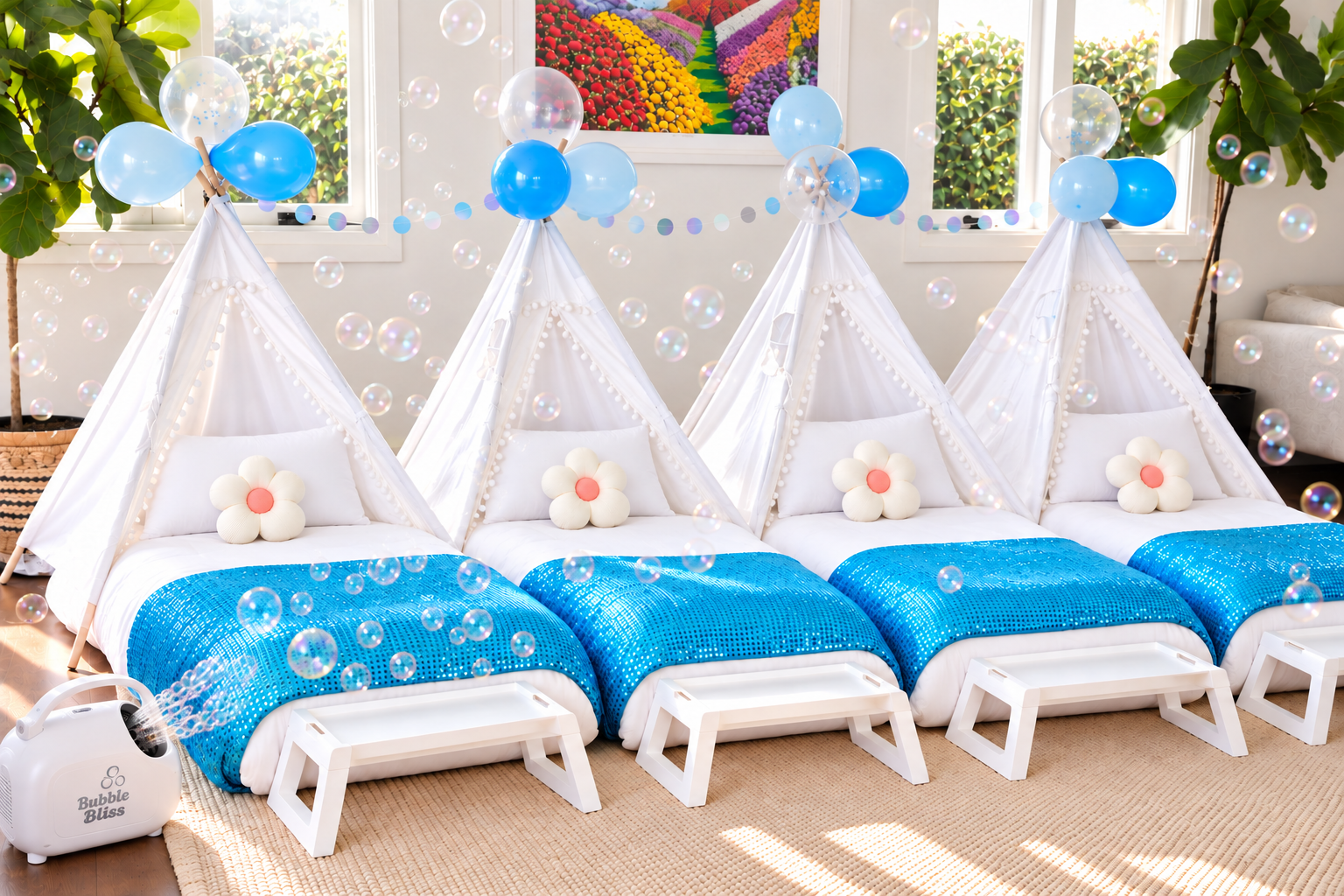 Bubbles teepee sleepover with blue and clear balloons and silver shimmer bunting